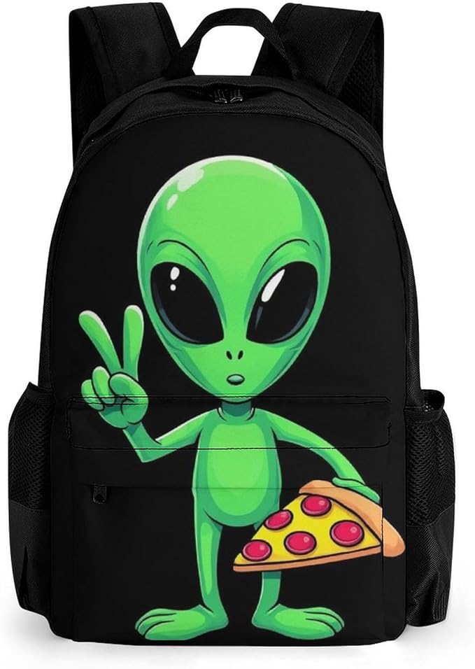 Supdreamc Lightweight Daypack Backpack for Trekking Work Running, Big Capacity Multipurpose Anti-Theft Bookbag, Funny Space Alien Eating Pizza Peace Business Computer Bag