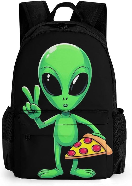 Supdreamc Lightweight Daypack Backpack for Trekking Work Running, Big Capacity Multipurpose Anti-Theft Bookbag, Funny Space Alien Eating Pizza Peace Business Computer Bag