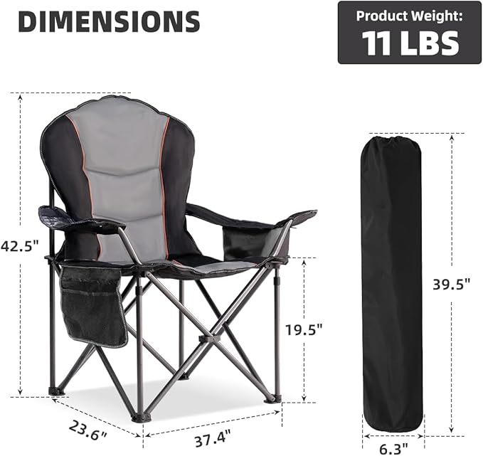 Camping Chair Oversized Folding Outdoor Camping Chair with Cooler Bag, Cup Holder & Waterproof Phone Case, Portable for Hiking/Beach,500LB (Black & Light Gray)