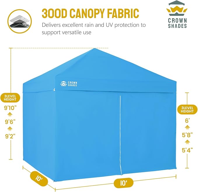 CROWN SHADES 10X10 Comercial Instant Canopy Pop Up Tent with Center Lock (10x10 with 4 Sidewalls, Sky Blue)