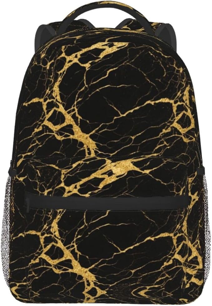 Adults Lightweight Black Marble Gold Texture Art Shoulder Book Bags Big Capacity Shoulder Bag With Adjustable Shoulder Straps for Trekking Work Walking Cycling