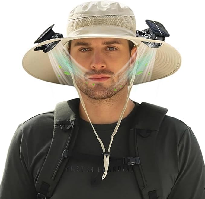 Outdoor Wide Brim Sun Hat with 2 Solar Powered Fan, Bucket Hat for Men Women, Fishing, Gardening & Beach Hat for Men