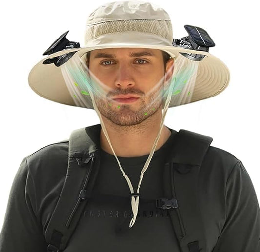 Outdoor Wide Brim Sun Hat with 2 Solar Powered Fan, Bucket Hat for Men Women, Fishing, Gardening & Beach Hat for Men