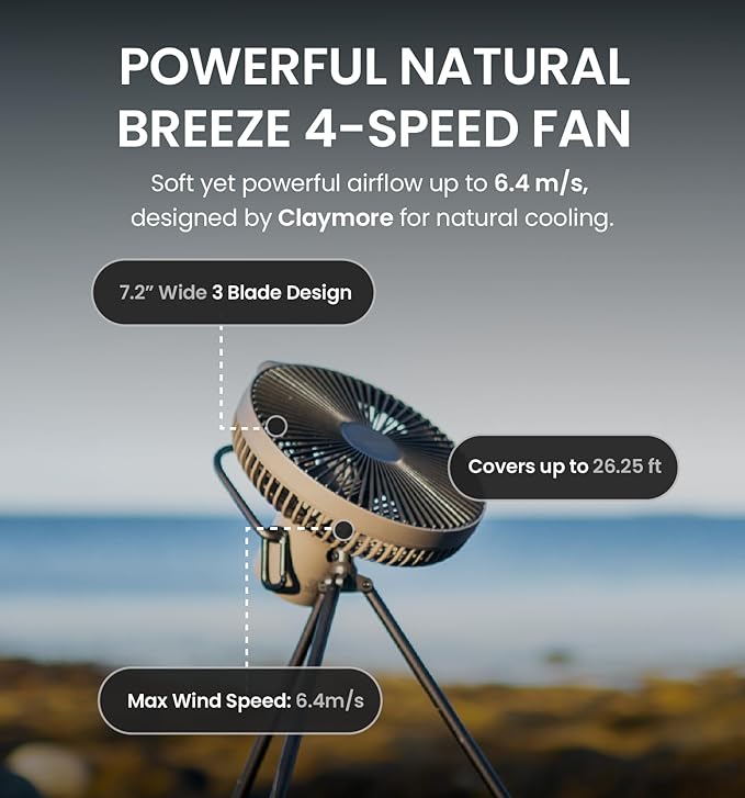 Claymore V1040 Black Rechargeable Portable Fan – 10,400mAh Power Bank Function Remote Control 4-Speed Quiet BLDC Air Circulator USB-C Charging 23 Hrs Runtime for Camping, Indoor, Outdoor