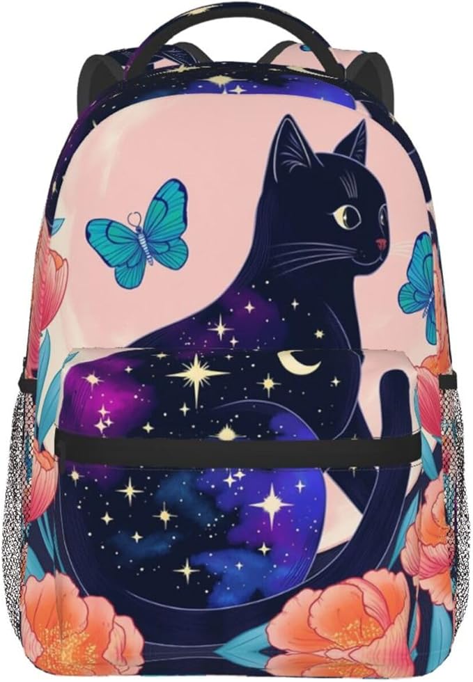 Polyester Daypack Backpack for Trekking Picnic Walking Cycling, Large Capacity Anti-Theft Multipurpose Shoulder Bag, Black Cat Flower Butterfly Starry Sky Dream Scene Art Casual Daypack