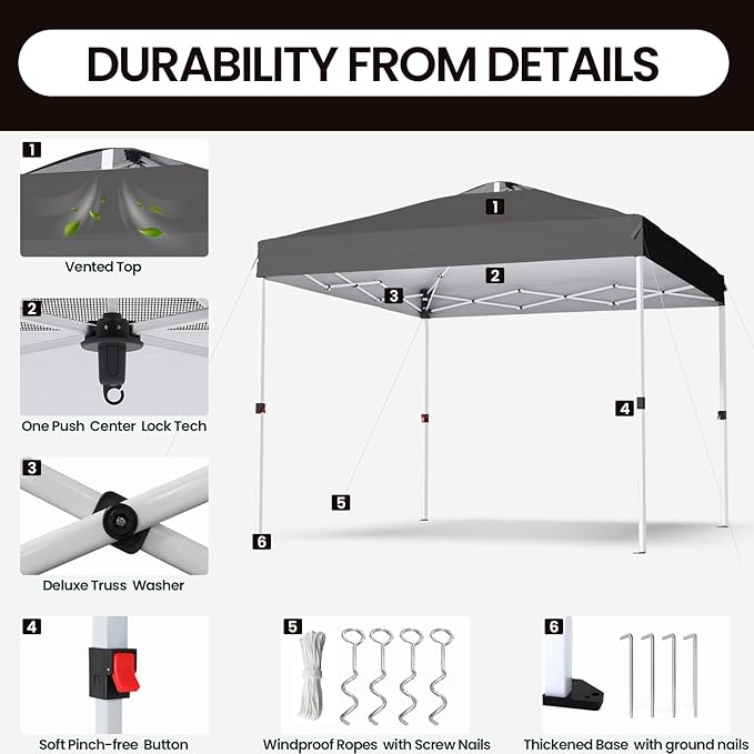 Shades 10x10 Pop Up Canopy with One Push Setup,Heavy Duty Beach Tent with Wheels for Easy Moving, Sun Shelter for Parties,Events, Outdoor Gazebo with 420D Coated Waterproof Grey Fabric