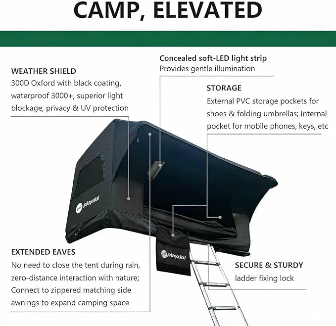 PlayDo Inflatable Rooftop Tent Easy Setup Camping Tent for The Roof of Sedans Pickup Blow Up Roof Top Tents SUV Truck Van Glamping Tent with Porch, Strip Light for 2-3 Person