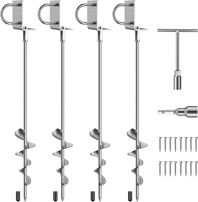 Phopich 28in Multi-Purpose Ground Anchors Screw in, 4Pack Fully Welded Heavy Duty Trampoline Stakes with Brackets, T-Wrench and Adapter for Drill, Earth Anchor kit for Mobile Home, Trampoline, Shed