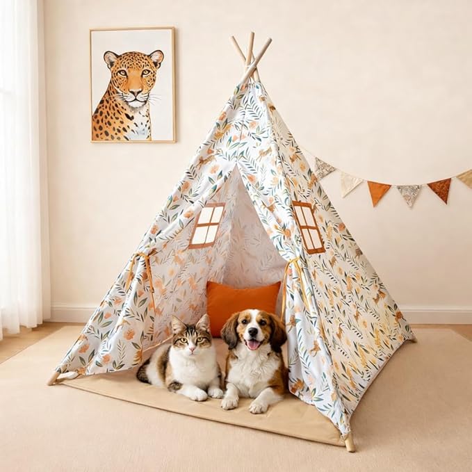Bedroom Teepee Tent for Boys and Pets– Leopard Safari Indoor Play Tent for Ages 3–8 with Star Lights & Padded Mat, Leopard Canvas Teepee with 2 Windows, Skin-Friendly Washable, Easy Setup Cat House