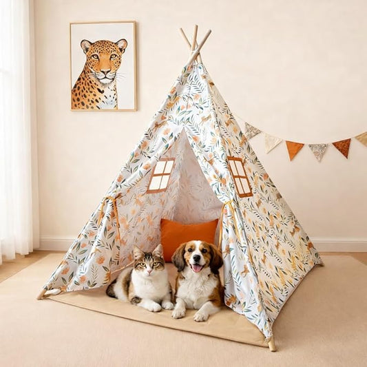Bedroom Teepee Tent for Boys and Pets– Leopard Safari Indoor Play Tent for Ages 3–8 with Star Lights & Padded Mat, Leopard Canvas Teepee with 2 Windows, Skin-Friendly Washable, Easy Setup Cat House