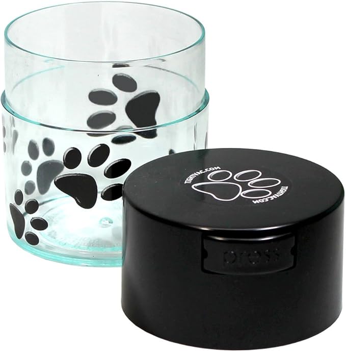 Pawvac 3 Ounce Vacuum Sealed Pet Food Storage Container; Black Cap & Clear Body/Black Paws