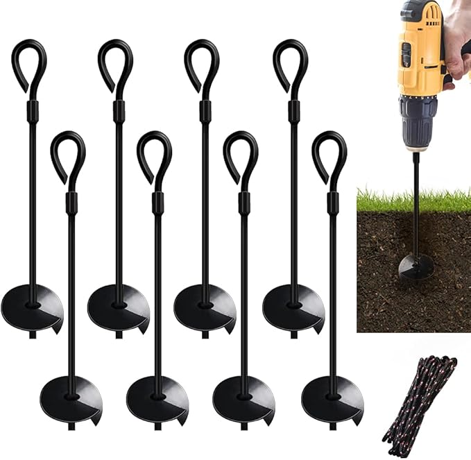 MIXXIDEA Dual-Purpose Ground Anchor 15 Inch 8 Pack Heavy Duty for High Winds Metal Ground Stakes Dog Tie Out Stake Screw Anchors Drill for Tents, Canopies, Swing Sets, Sheds, Trampoline