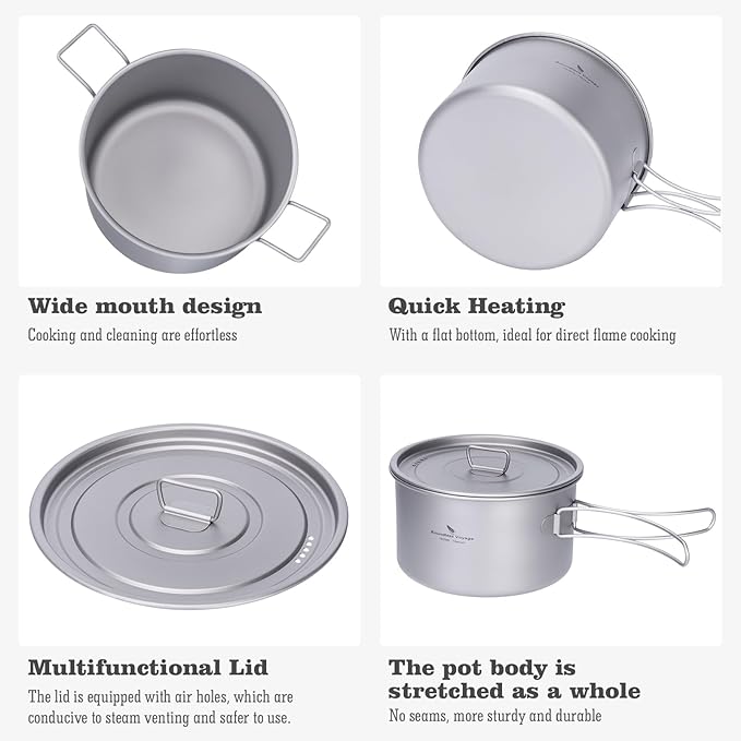 iBasingo 1.2L+1.8L+2.4L Titanium Pots Set with Lid Camping Cookware with Foldable Handle Portable Lightweight Cooking Kit Outdoor Kitchen Cooking Kit for Backpacking Hiking Picnic Fishing Ti2109C