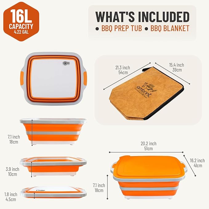 large 16L BBQ Prep Tub with Lid & BBQ Resting Blanket, Collapsible Cutting Board for Brisket & Vegetables, BBQ Tray for Meal Prep Marinating,Versatile Kitchen Container for Meat, Food Storage