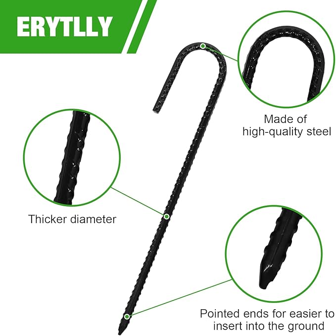 ERYTLLY 12In Rebar Stakes J Hook Heavy Duty Galvanized Metal Stakes for Ground Barrel Soil Tent Swing Set Anchors Fence Stakes Curved Steel Plant Support Garden Stakes with Hooks（12in 16pk）