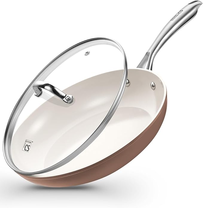 KOCH SYSTEME CS 10 Inch Nonstick Frying Pan with Lid, Ceramic Non Stick Frying Pans, Non Toxic Pans for Cooking, Induction Compatible Skillet, Free of PFOA & PTFE, Dishwasher & Oven Safe, Brown