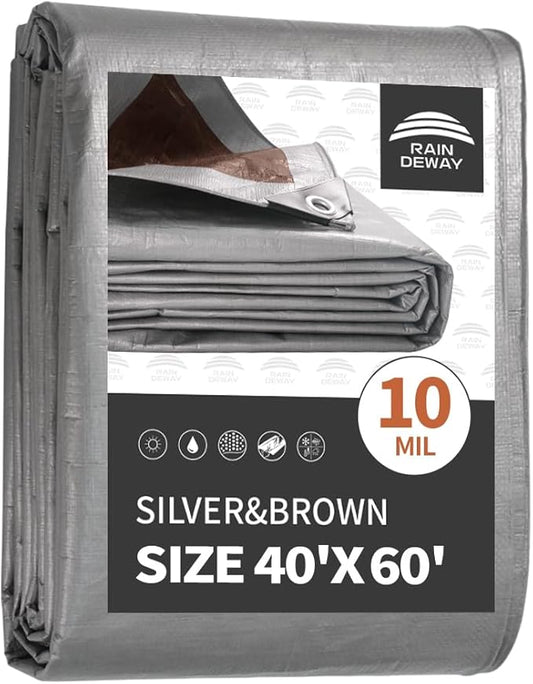 RAINDEWAY Tarps Heavy Duty Waterproof 40x60 Feet,10Mil Thick Multipurpose Large Tarp Cover with Metal Grommets and Reinforced Edges,Silver/Brown Tarp