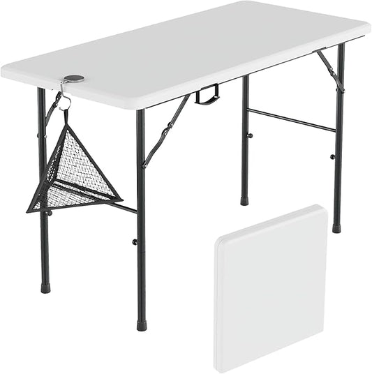 VECELO Folding Table 4 Foot with Mesh Bag, Indoor Outdoor Heavy-Duty Portable w/Handle,Fold-in-Half for Picnic, Party, Camping, White