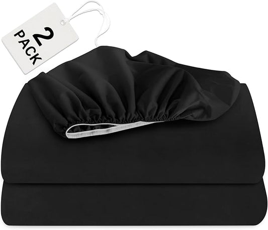Biloban Twin Fitted Sheet 2 Pack, Twin Bedding Fitted Sheets Only with Deep Pocket up to 14", Bottom Sheet, Shrinkage & Stain Resistant Fitted Bed Sheets, Wrinkle Free & Easy Care, Black