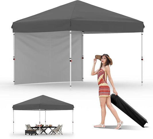 10x10 Pop Up Canopy Tent Outdoor Canopy with 1 Removable Sidewall One-Person Set Up Heavy Duty Commercial Instant Tent Shelter-Gray