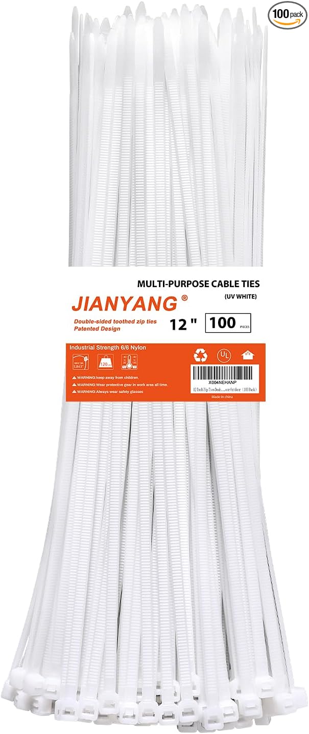 12 Inch White Zip Ties Double Sided Toothed,120 LBS Tensile Strength Heavy Duty Cable Wire Ties With Self-Locking Adjustable More Durable Nylon Tie Wraps for Indoor Outdoor（100 Pack）