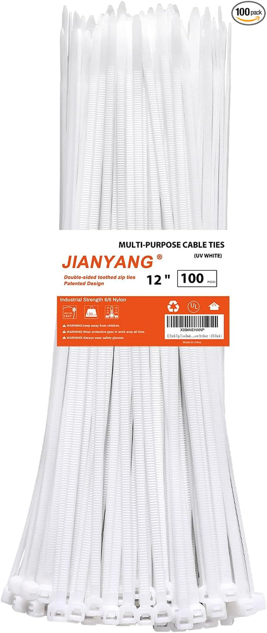 12 Inch White Zip Ties Double Sided Toothed,120 LBS Tensile Strength Heavy Duty Cable Wire Ties With Self-Locking Adjustable More Durable Nylon Tie Wraps for Indoor Outdoor（100 Pack）