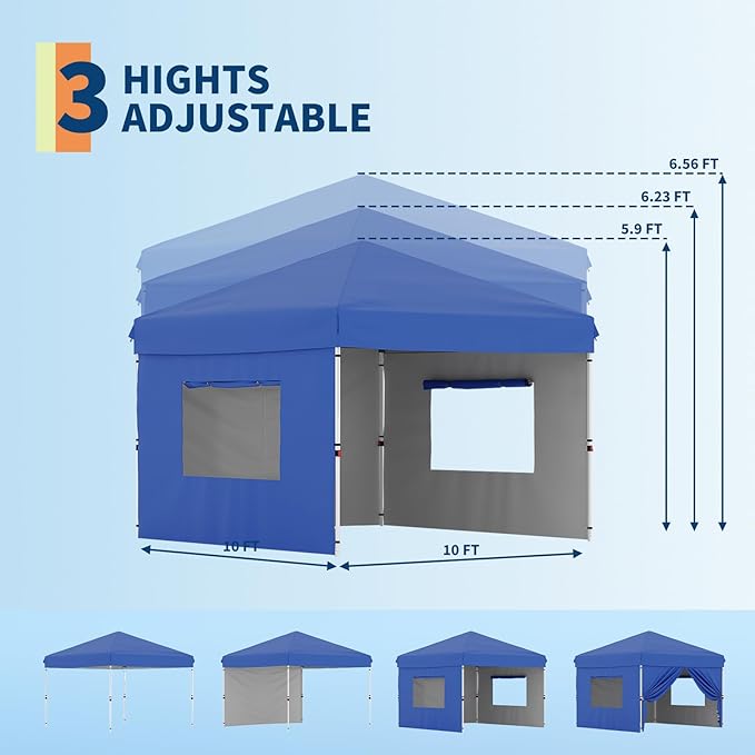 10x10 Pop Up Canopy Tent Outdoor Canopy with 3 Removable Sidewalls One-Person Set Up Heavy Duty Commercial Instant Tent Shelter-Blue