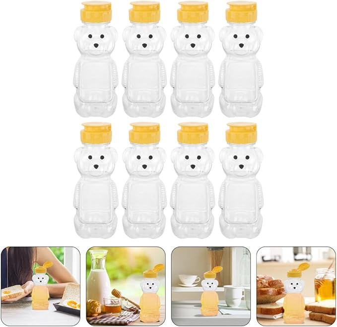 KESYOO Bear Shape Juice and Milk Bottles with Lids, 8pcs Plastic Honey Squeeze Containers for Food Storage and Kitchen Organization
