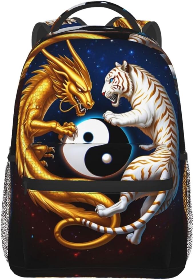 Daypack Polyester Anti-Theft Multipurpose Yin Yang Gold Dragon White Tiger Art Bookbag Big Capacity Gym Outdoor Hiking Backpack With Adjustable Shoulder Straps
