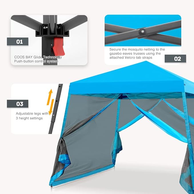 COOS BAY 10x10 Pop Up Canopy Tent with Screen Netting, Slant Leg Canopy with UPF 50+ UV Protection, 64 Sq Ft Shade, One Person Setup with Carry Bag, Light Blue