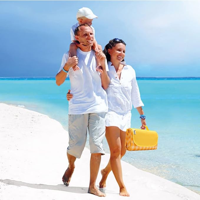 RUIBOLU Beach Blanket Large Picnic Blankets, 80x60in Sandproof Beach Mat for 2-4 Adults Waterproof Quick Drying Outdoor Picnic Mat for Travel Camping Hiking Festival Park Lawn (Yellow Plaids)