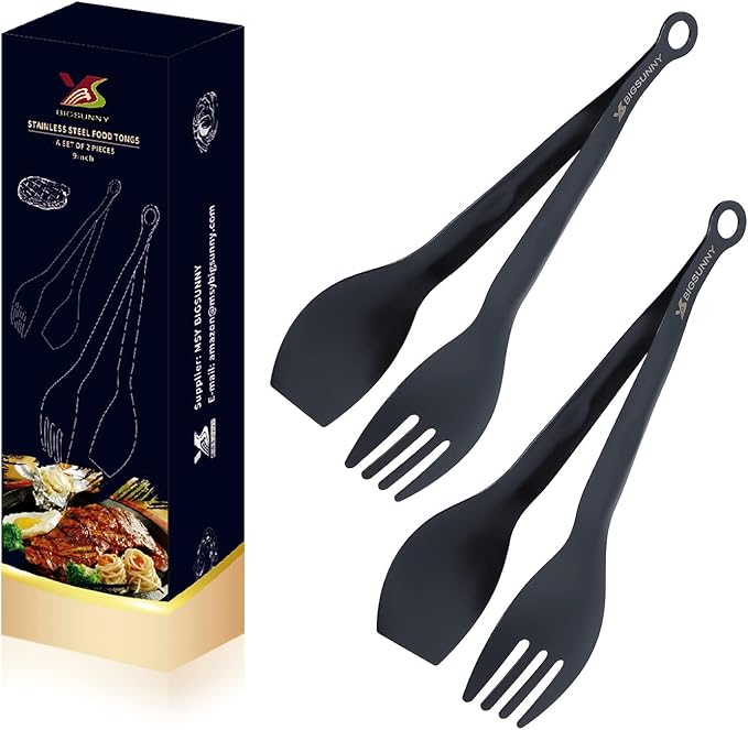 MSY BIGSUNNY Appetizer Tongs - Stainless Steel Kitchen Locking Food Tongs, Buffet Serving Tongs Set of 2(Black, 9 inch)