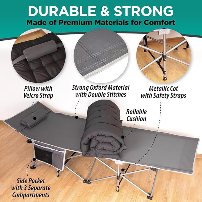 ZONETECH Folding Outdoor Camping Travel Cot and Cot Pad -Lightweight Portable Heavy Duty Adult & Kids Large Pocket and Cushion (Gray & Black, 2-Pack)