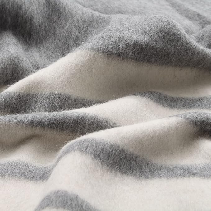 Thick Alpaca Wool Blanket Heavyweight Camping Outdoors Indoors Soft Peru Queen Size Stripes Design (Soft Gray/Ivory, Queen Size)