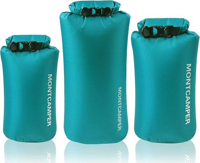 Waterproof Dry Bag Set (5L+10L+20L) – 30D Nylon Roll Top Dry Sacks with DWR & PU Coating, Lightweight Storage for Kayaking, Camping, Hiking, Fishing & Beach (Turquoise Blue)