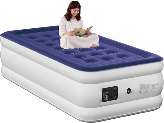 Twin Air Mattress with Built-in Pump, 18 Raised Inflatable Air Mattress, 500 lbs Max Honeycomb Comfortable Air Bed with Storage Bag, for Camping, Home and Guest Use