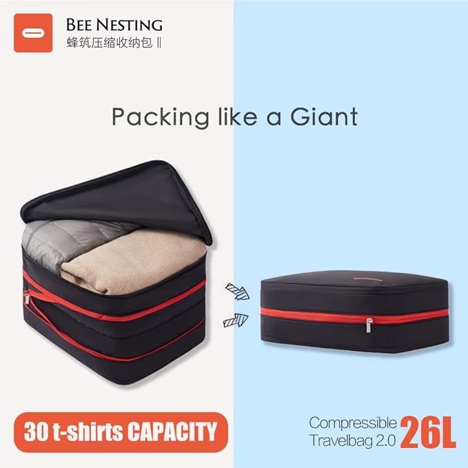 Bee Nesting Compression Packing Cube 2-Layer Travel Luggage Organizer with Wet Dry Separation Expandable Space Saver Bag for Suitcase and Backpack