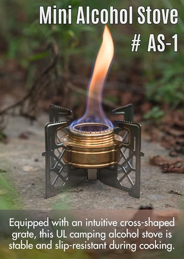 CAMPINGMOON Alcohol Stove Brass Stainless Steel Mini for Backpacking Hiking Rack Cross Stand AS-1
