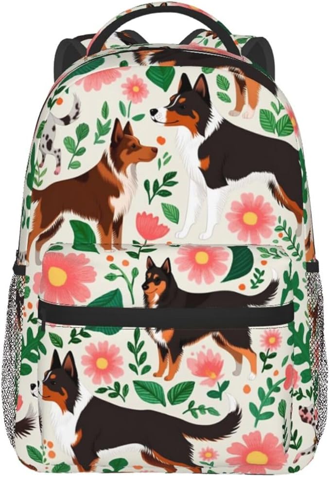 Daypack Anti-Theft Multipurpose Large Capacity Shoulder Bag, Australian Cattle Dog Florals Travel Hiking Camping Rucksack With Smooth Zippers