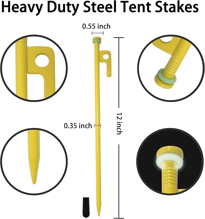8 PCS Tent Stakes & Hammer Kit， Heavy Duty Metal Tent Pegs for Camping Steel Tent Stakes(Yellow)