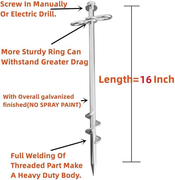 Ground Anchors Screw in - 16 Inch Set of 6 - Tent Stakes Heavy Duty Double Arbitrary Direction Galvanized Kits for Swing and Trampoline Set High Wind Solid Metal Hex Head Dog Tie Out Stake (6)