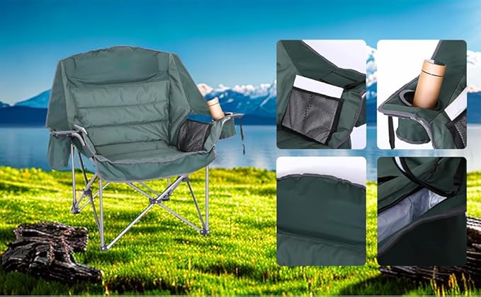 Folding Camping Chair, Padded Chair, Oversized Camping Chair, Lawn Chair for Adults, Heavy Duty 400lb Carry Bag Cupholder & Cooler (2-Pack)