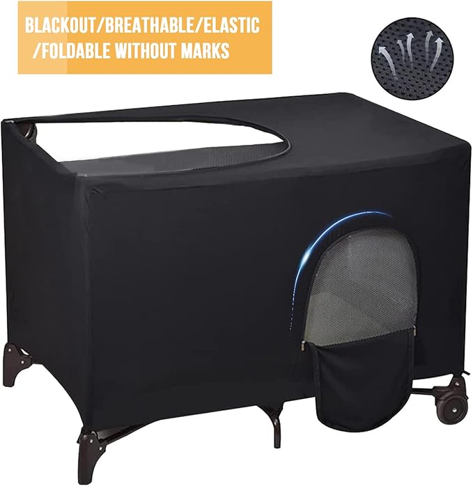 Blackout Crib Canopy Cover Stretchy Breathable Travel Netting Tent and Shade Stretch Up to 40"×30" for Indoor and Outdoor Children's Sleep Safety (Black)