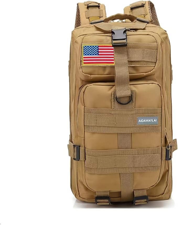 30L Comfortable Durable Military Tactical Backpack w/USA Flag Patch, MOLLE Hiking Camping Travel Bag,(khaki)