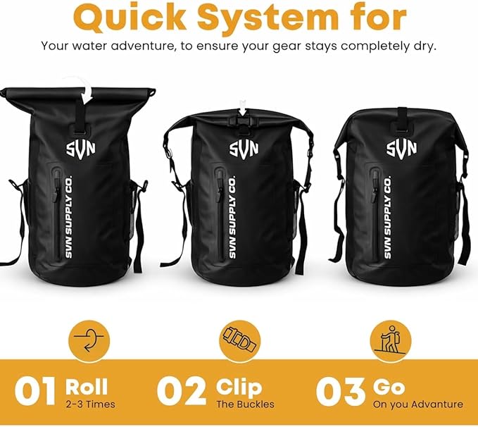SVN Supply Co. Heavy-Duty Waterproof Backpack – Roll-Top Dry Bag for Hiking, Kayaking, Camping & Outdoor Adventures – Padded Shoulder Straps (Black)