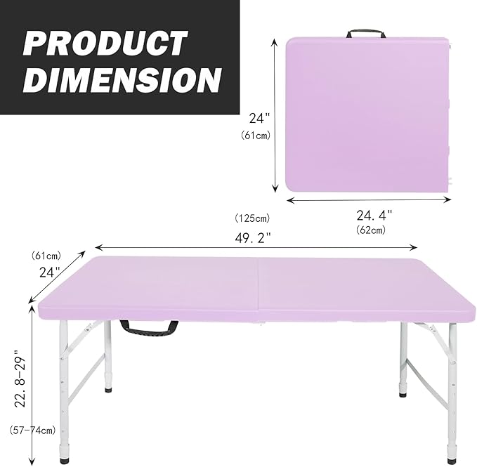 Portable Plastic Folding Table 4ft/6ft/8ft Heavy Duty White Black Picnic Dining Table Fold-in-Half for Camp Party Kitchen Indoor Outdoor