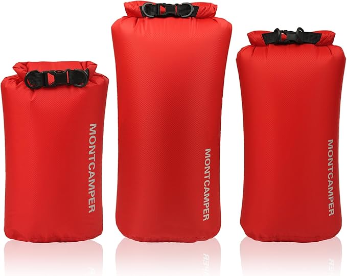 Waterproof Dry Bag 3-Pack (5L + 10L + 20L) – 30D Nylon Roll Top Dry Sacks with DWR & PU Coating, Lightweight Water-Resistant Storage for Kayaking, Camping, Hiking, Fishing & Beach (Red)