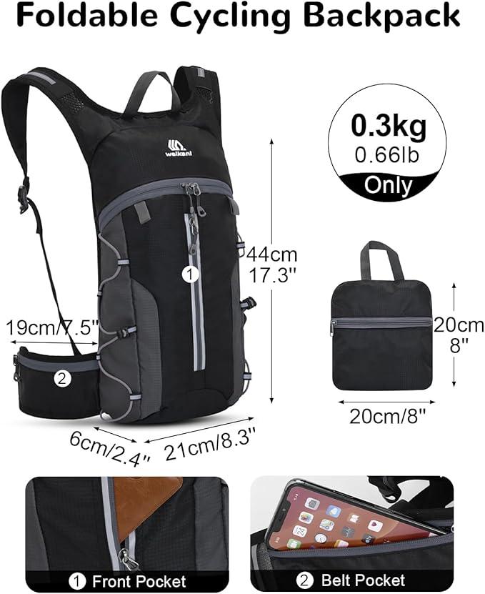Foldable Cycling Backpack for Men Women, Small Packable Waterproof Hiking Daypack with Waist Belt, 6L Lightweight Mountain Bicycle Backpack fit Helmet for MTB Biking Skiing Climbing, Black