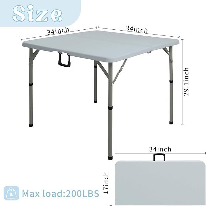 34" Square Folding Table,Multi-Functional Portable Folding Card Table with Carrying Handle for Indoor Outdoor Camping,Picnic, Office, Party Use, HDPE Plastic Tabletop with Metal Frame(Grey)