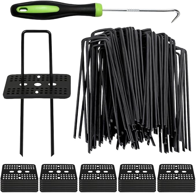 Bakulyor 50 Pcs Black Landscape Staples + 50 Pcs Buffer Washer, 6 Inch 11 Gauge Garden Stakes Anchor, U Shaped Galvanized Lawn Pins Heavy Duty Yard Ground Pin for Weed Barrier Sod Fabric Decorations